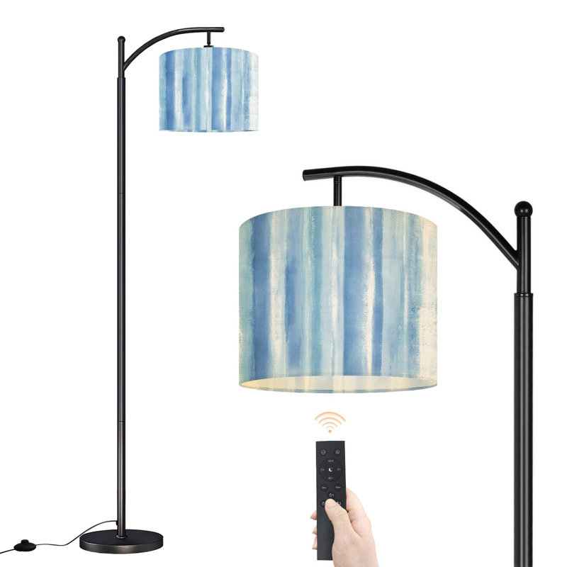 Arc Floor Lamp with Adjustable Lampshade Soft Blue Watercolor Stripes Abstract Design Standing Lamp 3 Color Temperatures Dimmable Tall Pole Lamp with Foot Switch for Bedroom