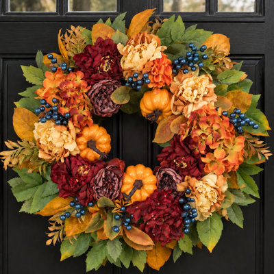 24" Fall Wreath with Dahlia & Blueberry Clusters, Full Autumn Floral Wreath for Front Door