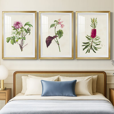 Pretty Pink Botanicals V  -Custom Framed  Premium Print W Matt - 3 Pieces