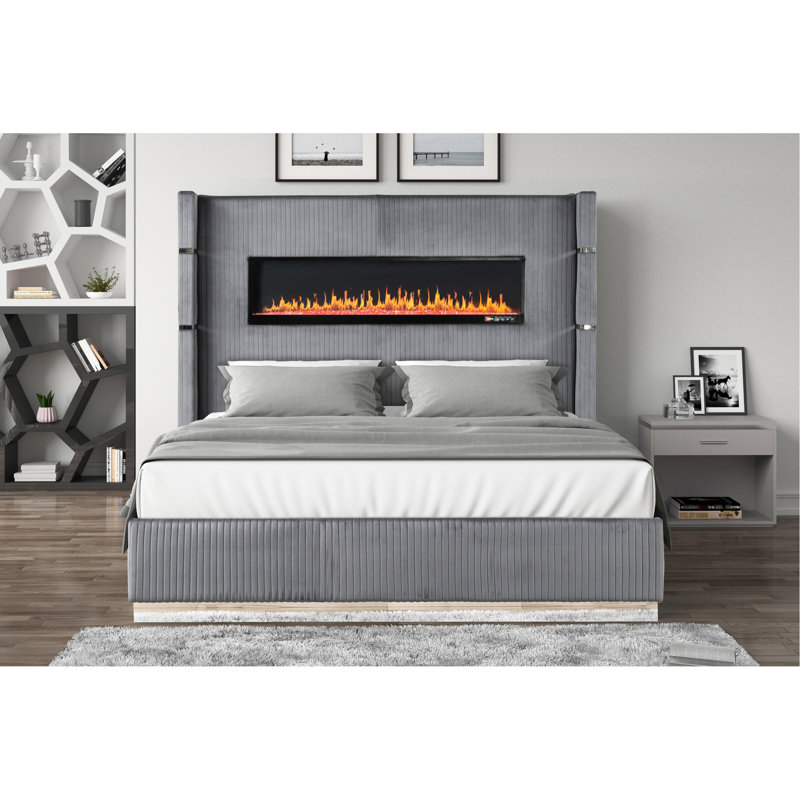 Grand lit en bois avec foyer électrique et 2 ports en éclairage ambiant rembourré gris
