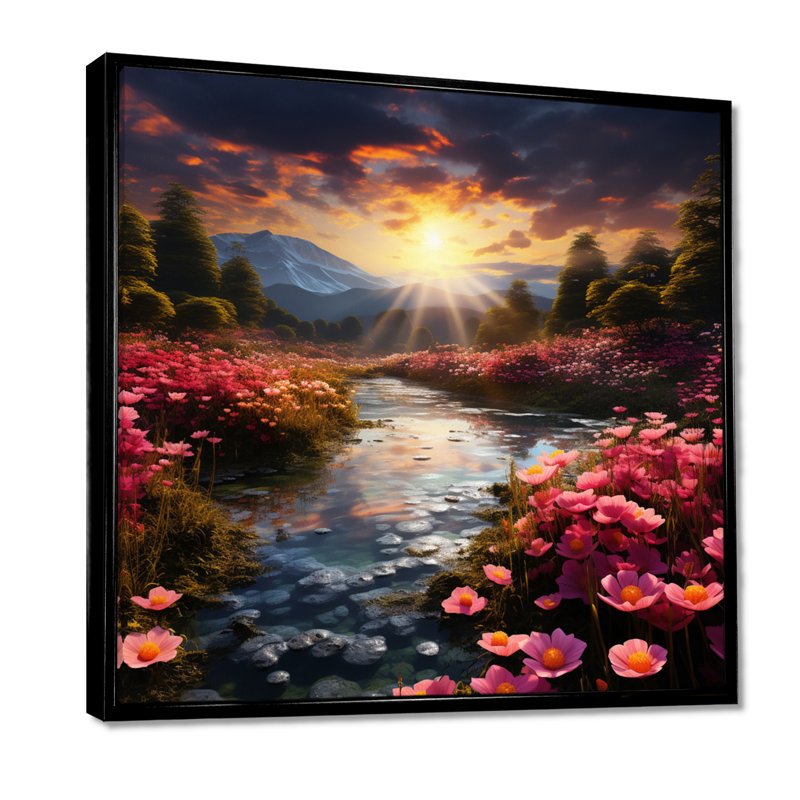 Glorieux coucher de soleil rose en fleurs, rivière, lotus, art mural de salon, H 36 po x l 36 po