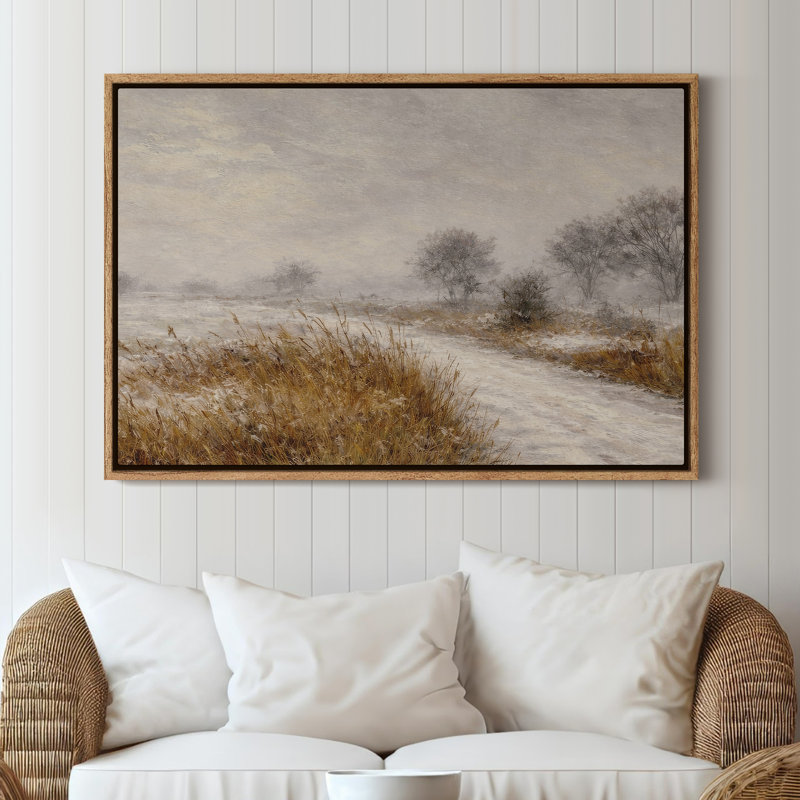 Art mural sur toile encadrée - Sentier champ d'hiver avec des arbres dénudés et des tons doux - 16 po x 24 po, 24 po x 36 po