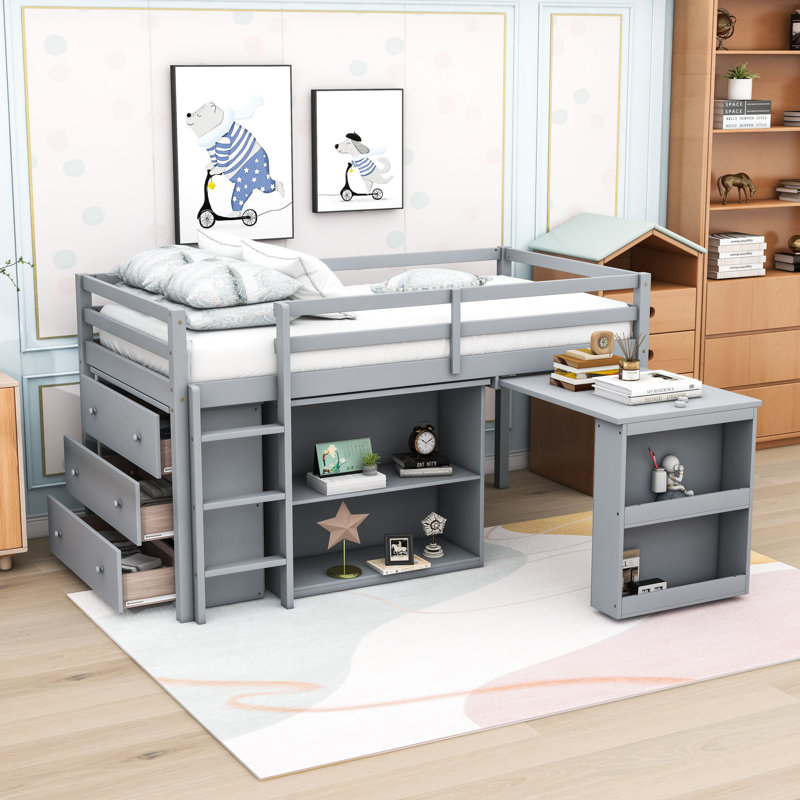 Lit mezzanine simple à trois tiroirs avec bureau à tiroirs, tablettes et échelle, Gris