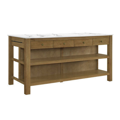 Rustic Pine MDF Kitchen Island with Marble-Look Top, 4 Drawers Open Shelves - Farmhouse Storage for Dining Room, Entryway