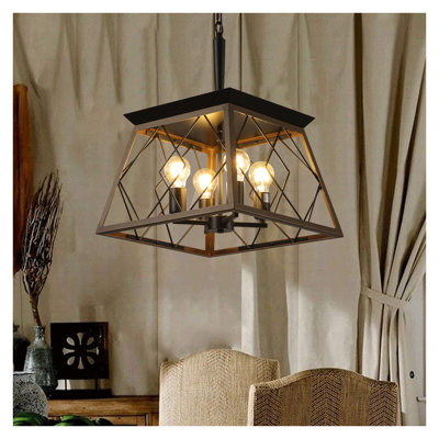 16" Walnut Industrial 4-Light Pendant Chandelier, Modern Metal Cage Design, Adjustable Hanging Light for Dining Room, Kitchen, Living Room