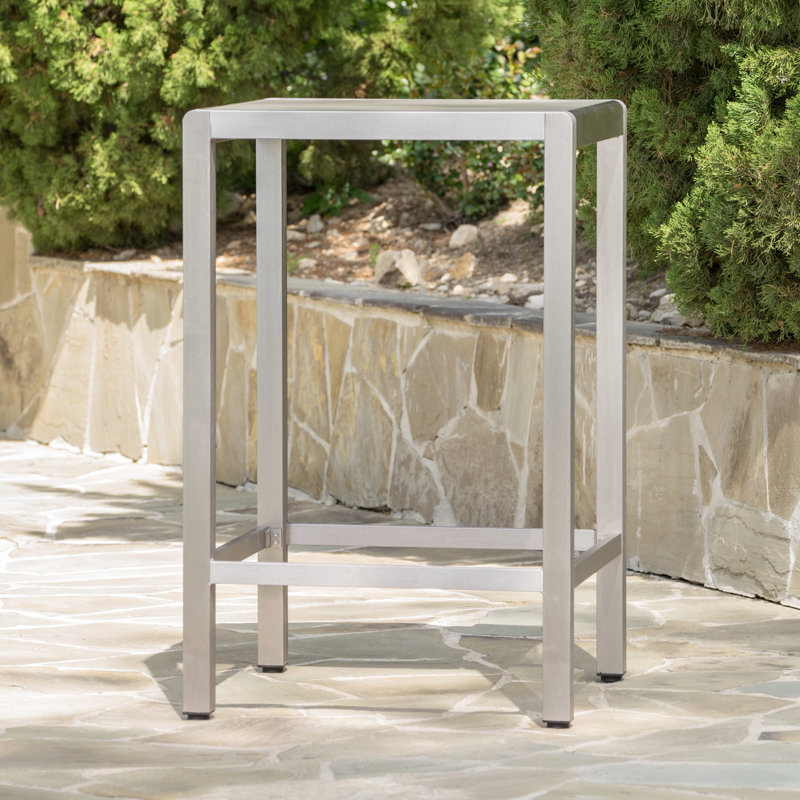 Table de bar d'extérieur légère en aluminium avec plateau en verre gris impureté et cadre antidérapant