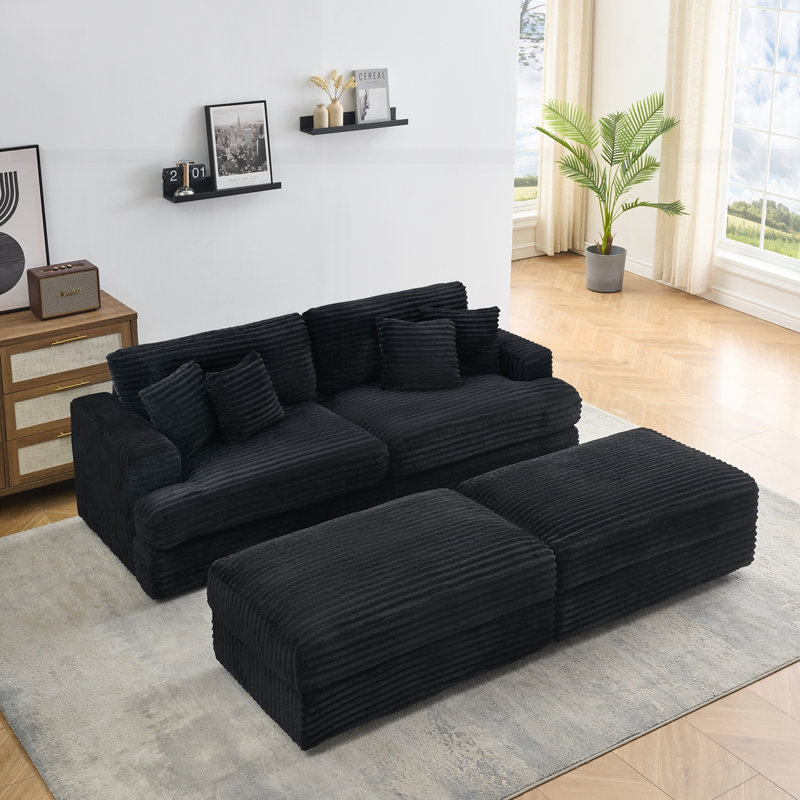 Canapé en velours côtelé de 88,58 pouces avec deux pieds de rangement, Noir, noir, noir, noir