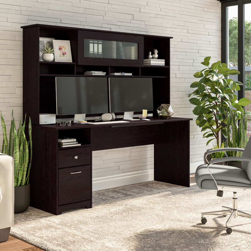 Ozro Computer Desk, Espresso Oak, 66.3" H x 71.69" W x 23.19" D