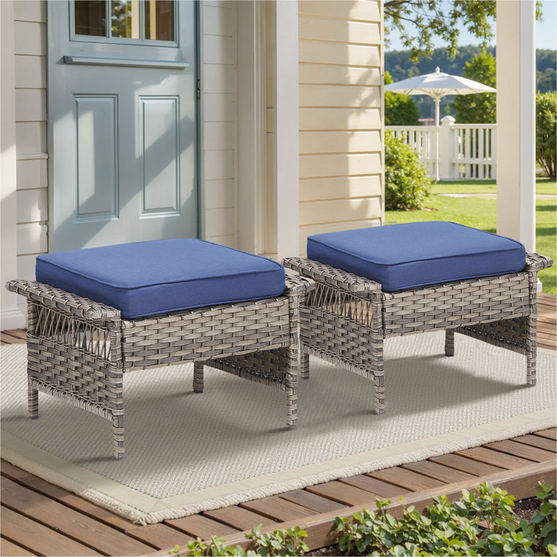 Outdoor PE Wicker Ottoman Set of 2, Patio Gray Rattan Footrests with Blue Cushions for Backyard or Deck