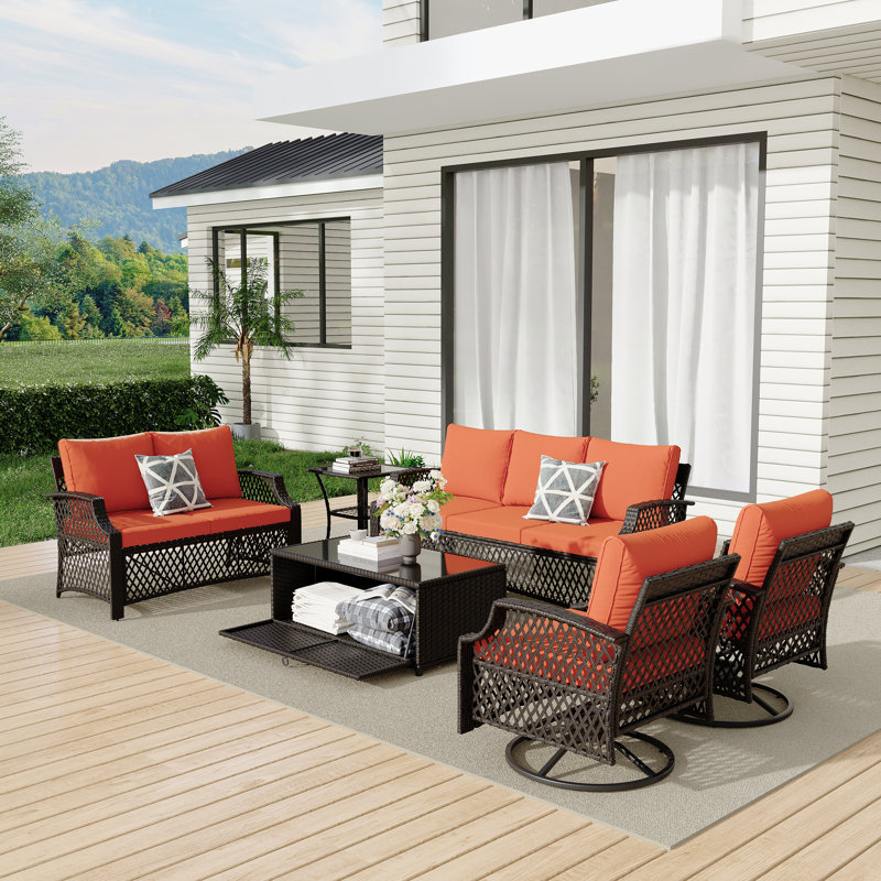 6 Piece Patio Furniture Set, Wicker Outdoor Conversation Sofa Set With Swivel Chairs, Loveseat, Storage Coffee Table, Orange