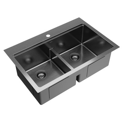 Karran Elite 33" Top Mount Workstation 16 Gauge Stainless Steel Double Bowl Kitchen Sink in Gunmetal Black