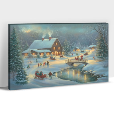 Christmas Winter Canvas Wall Decor, Holiday Village Snow Scene Wall Art, Cozy House and Ice Skating Pictures Prints, Seasonal Canvas Artwork for Living Room, Entryway, Family Spaces, 8x12 Inch