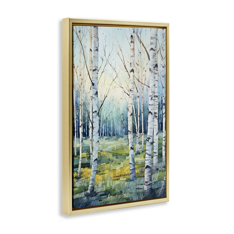 «Summer Birch Forest», toile flottante encadrée par Roozbeh Bahramali, Cadre flottant métallique doré, H 25 po x l 17 po