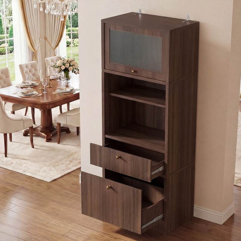 Armoire de rangement autoportante haute avec portes et tablettes, tablettes réglables, tiroir et ensemble anti-basculement, bois de qualité E1