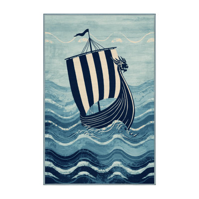 Soft Plush Edens Viking Longship Nautical Striped Area Rug in Green – SkyBlue Binding