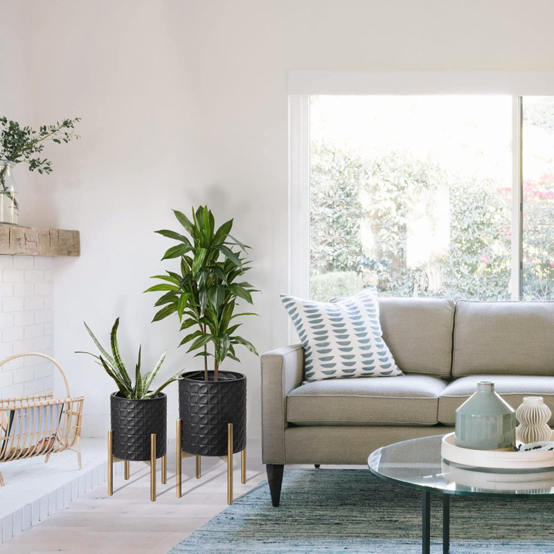 Jardinières de style Mid-Century moderne avec support, ensemble de 2 pots de fleurs d'extérieur décoratifs en métal pour le salon, le bureau, le jardin ou le balcon