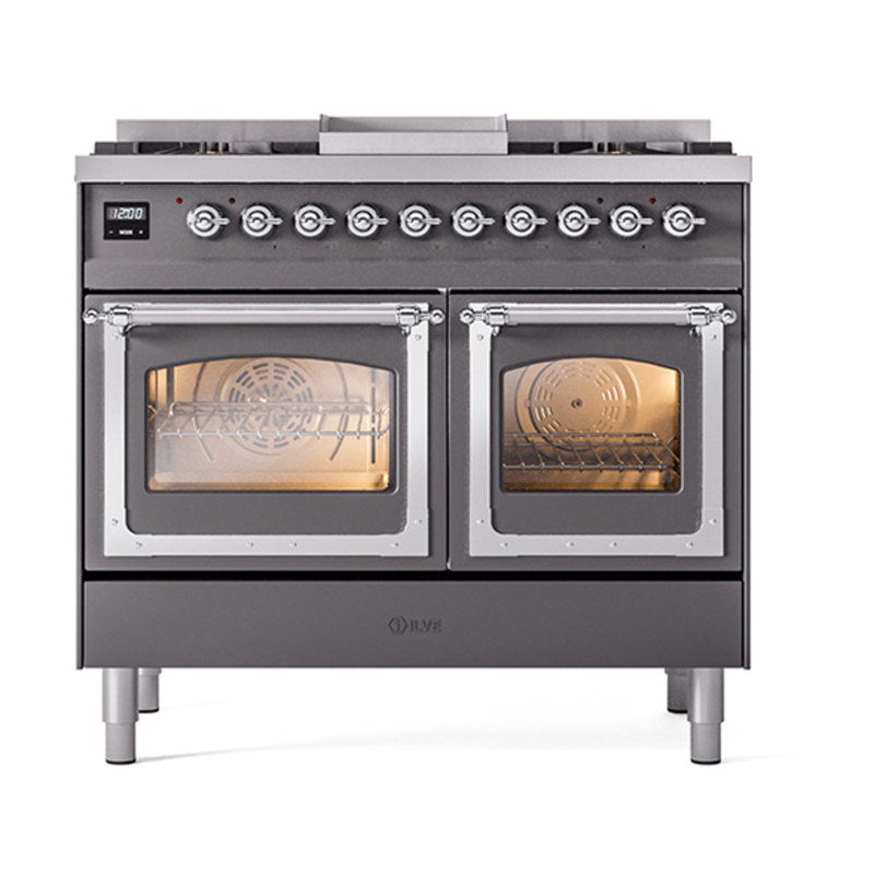 ILVE Nostalgie II Series Noblesse 40 inch Dual Fuel Range with 6 Sealed Burners, Griddle (Glass Door), Graphite Matte/Chrome