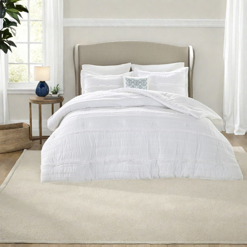 Elegant 5-piece White Comforter Bedding Set, Polyester Microfiber, Cal King Size