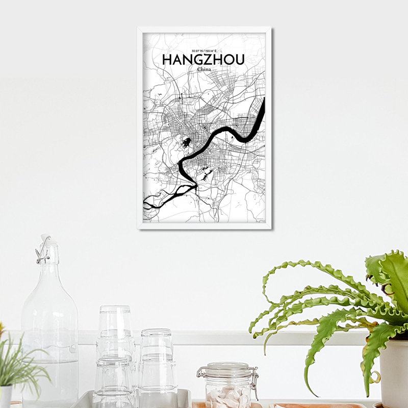 " Hangzhou China|中國 City Map ", 17" H x 11" W, Black/White