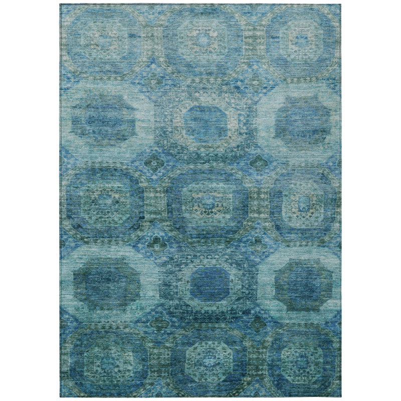 3' X 5' Blue And Ivory Medallion Washable Indoor Outdoor Area Rug