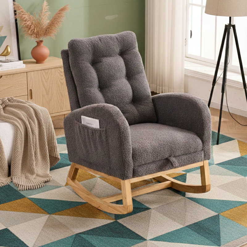  Chaise berçante de chambre de bébé avec repose-pieds rabattable, chaise berçante en tissu à haut dossier en peluche avec poche latérale, chaise longue d'appoint en bois d'hévéa, gris foncé