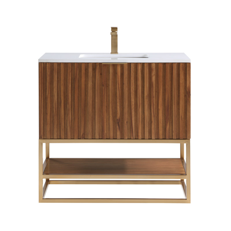 Terra 36'' Single Bathroom Vanity with Top, White Quartz/Single Faucet Mount, Walnut, Satin Brass
