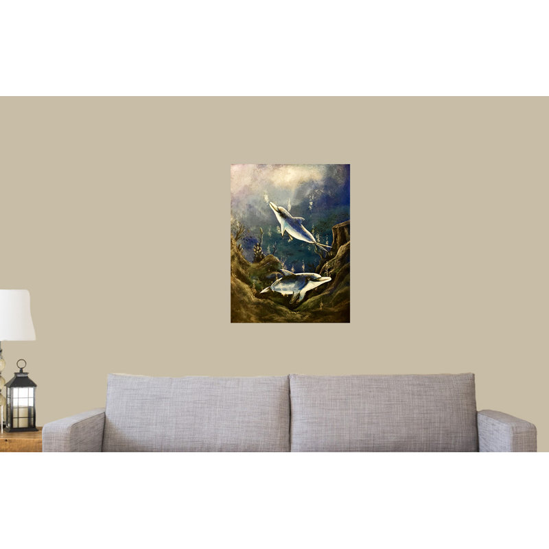 «Dolphin Play Time» par Ed Capeau - peinture sur toile, H 24 po x l 18 po x 1,5 po, Toile tendue, Pas de tapis