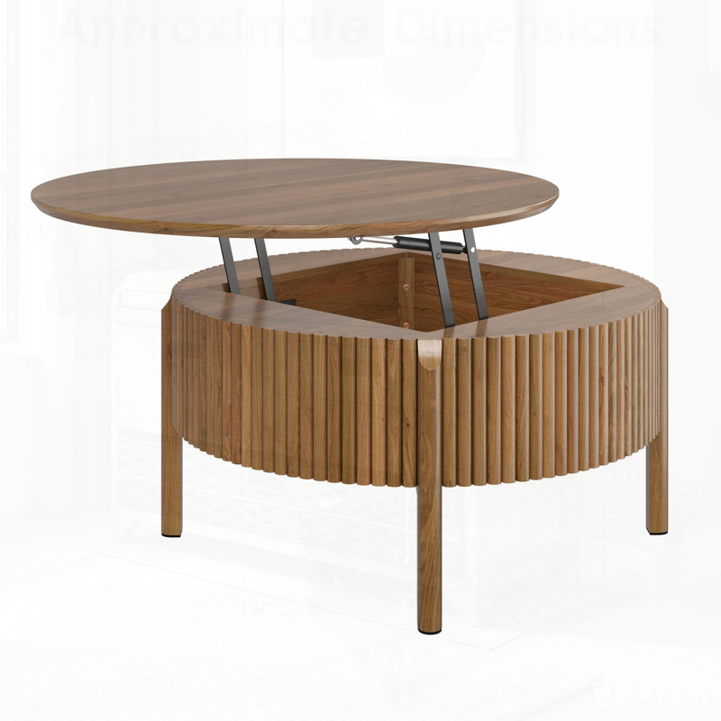 Table basse ronde à plateau relevable avec rangement caché, table de cocktail circulaire cannelée en bois massif, table de centre de ferme moderne en bois pour le salon