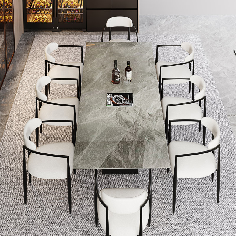 9 - Piece Dining Table Set With 94.5'' Extendable Sintered Stone Dining Table And 8 Fabric Chairs, White/Black