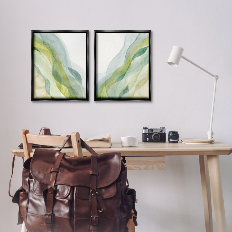 «Abstract Green Waves», ensemble de 2 toiles flottantes encadrées par Grace Popp, Cadre flottant noir de jais