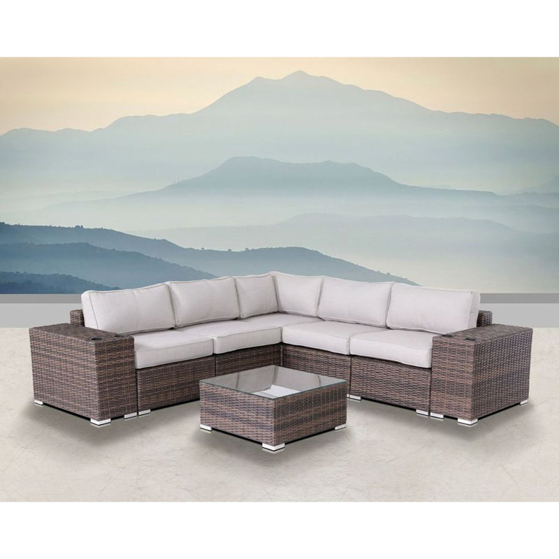 Ensemble de conversation en osier pour 4 personnes avec coussins Alieyah, Espresso brun