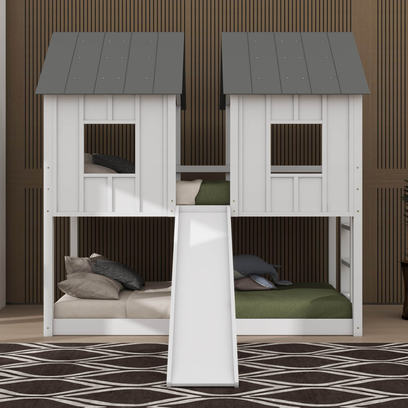 Twin-Over-Twin Bunk Bed In House Style With Slide And Window Elements