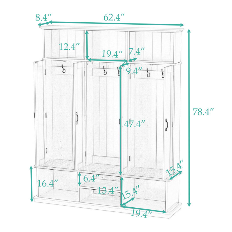 Hall Tree with Bench, Hooks, Cabinets and Shelves, Black