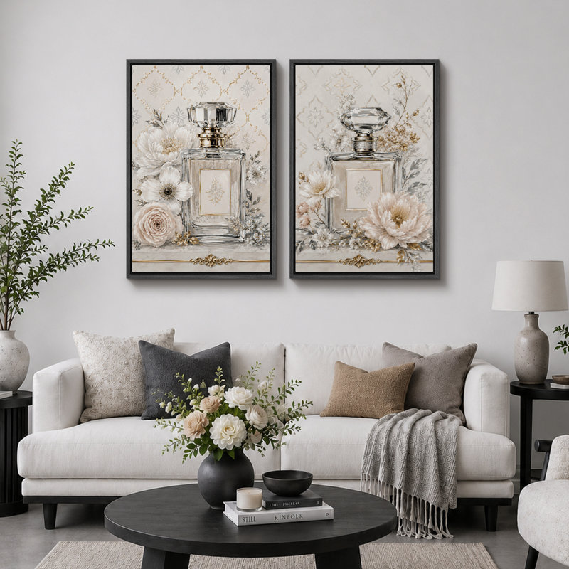Élégante œuvre florale de bouteille de parfum, images de chambre à coucher, impression sur toile encadrée, 2 pièces