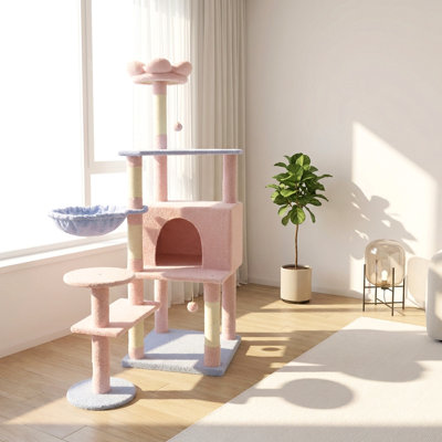 Arbre à chat avec coussin de fleurs et hamac rose