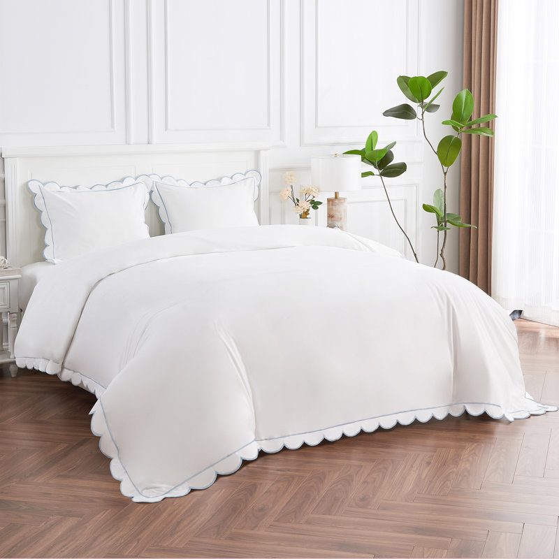 SCALLOP FRAME PERCALE DUVET SET, Blue, King Duvet Cover + 2 King Shams