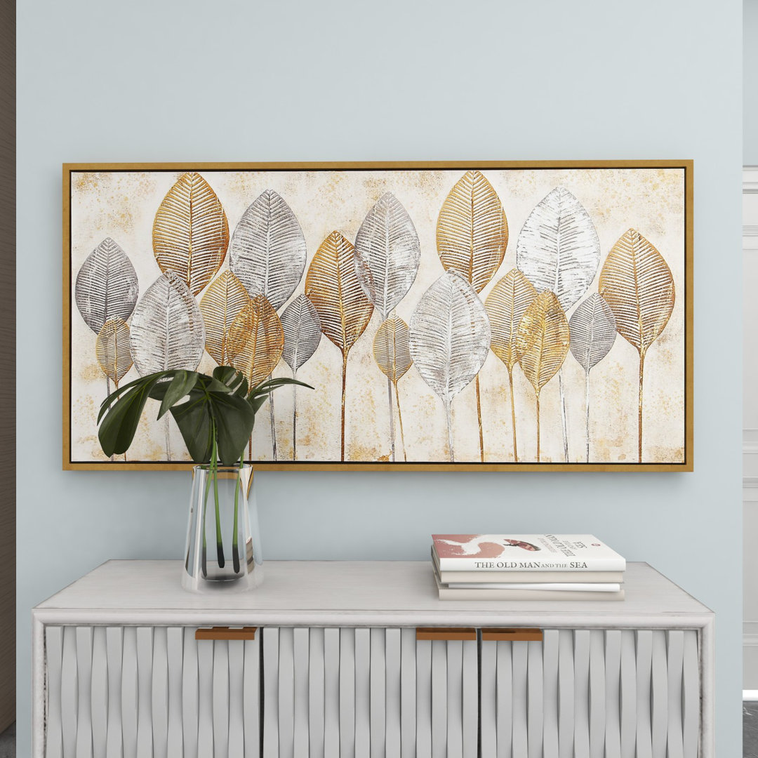 Canvas Leaf Living Room Framed Wall Art with Silver Accents and Gold Frame CosmoLiving by Cosmopolitan 