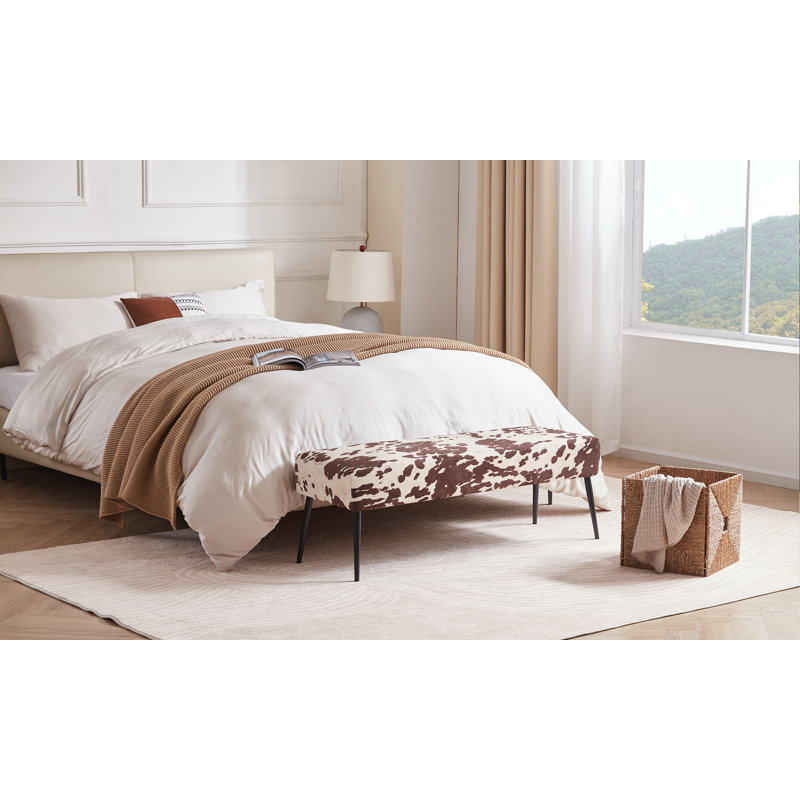 Modern Cowhide Pattern Upholstered Entryway Accent Bench, Coffee