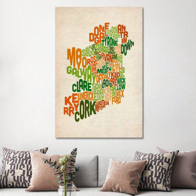 Text Map Of Ireland VI by Michael Tompsett - Wrapped Canvas Painting