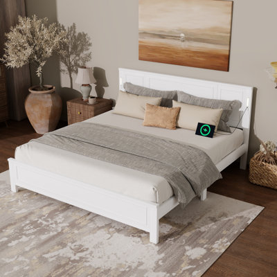 Farmhouse Style Bed with LED Lighting and USB Charging Station