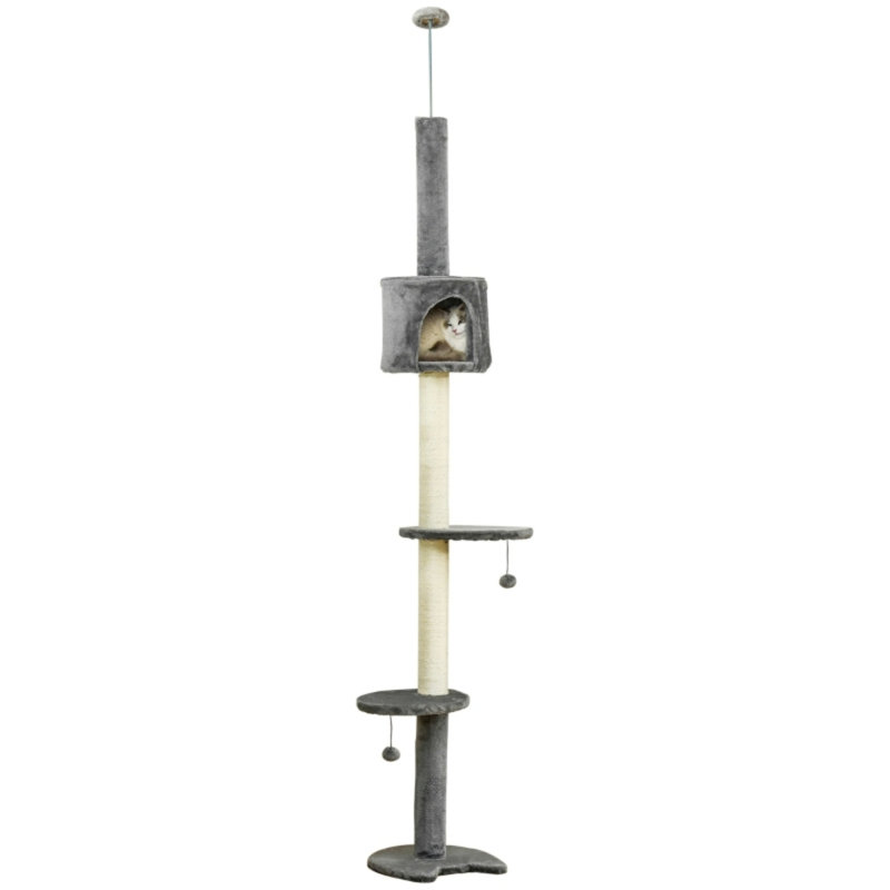 Floor‑to‑Ceiling Cat Tree Multi‑Tier Activity Centre with Condo, Scratching Post & Hanging Balls, Light Grey