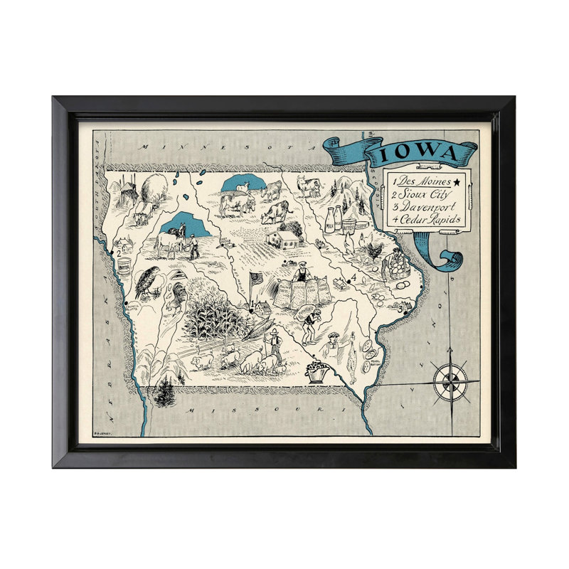 Carte illustrée de l'Iowa, H 08 po x l 10 po, Canevas, Cadre noir