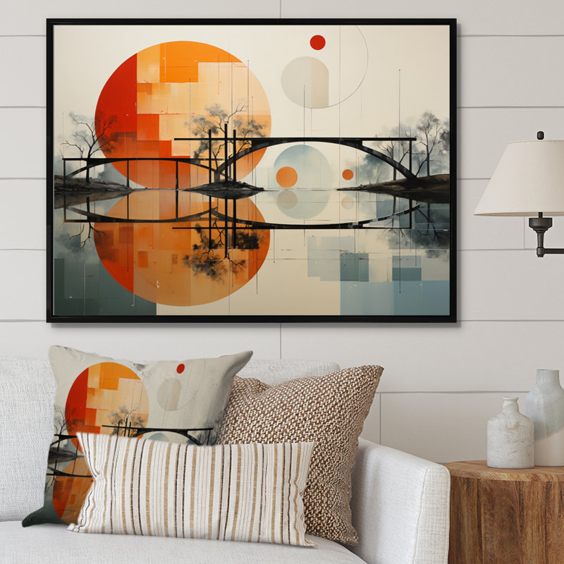 Orange Bridge of Dots II - reproduction imprimée, Cadre flottant noir, H 30 po x l 40 po x P 1,5 po