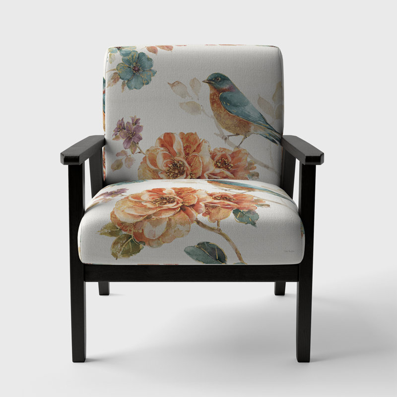 'Guneet - Cottage Bird On Orange Flower Twig - Upholstered Traditional Accent Arm Chair