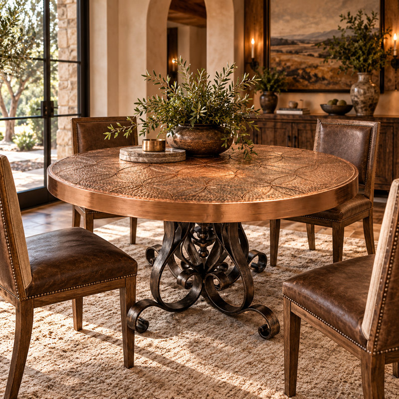 48" Flower of Life Engraved Copper Round Dining Table | Luxury Artisan Crafted Dining