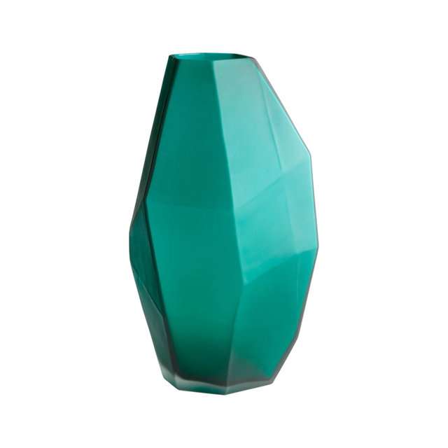 Teal geometric glass decorative vase with an angular, asymmetrical silhouette.