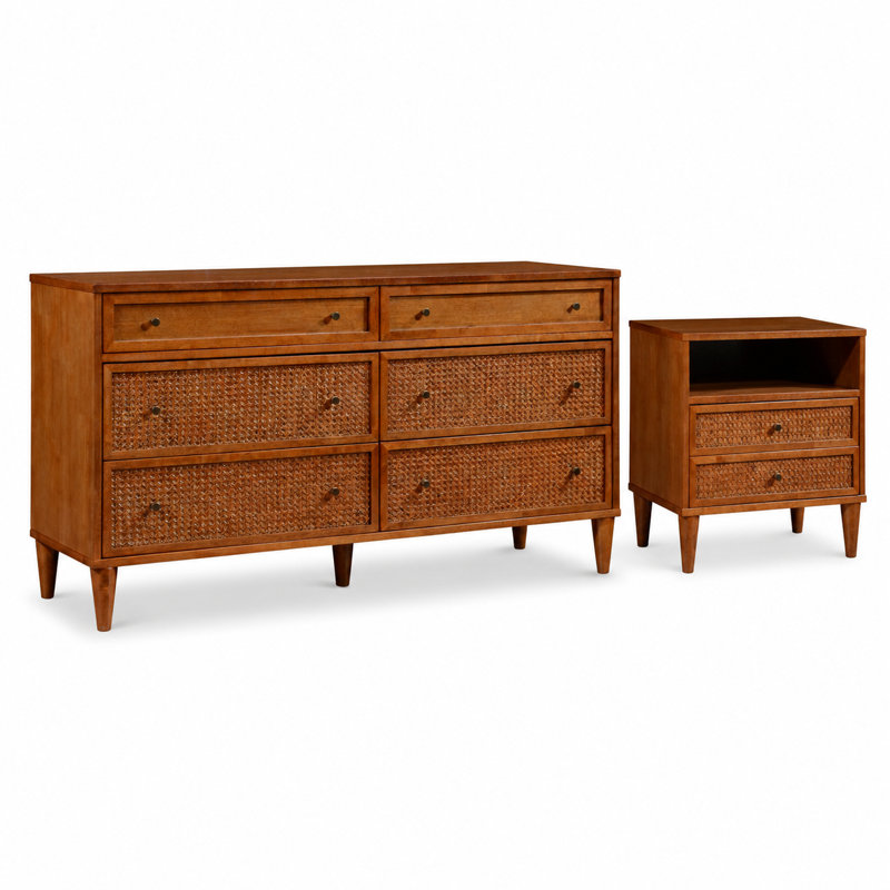 Ingraham Mid-Century Modern Solid Wood Cane 2-Piece Bedroom Set