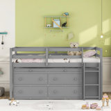 Loft Bed With Retractable Writing Desk And 4 Drawers, Wooden Loft Bed With Lateral Portable Desk And Shelves