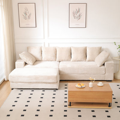 108.6 Inch L-Shaped Sectional Sofa with Storage Ottoman, Thickened Corduroy Cushions, and Eight Throw Pillows for Comfortable Living