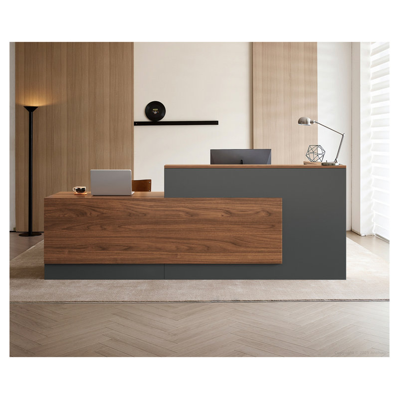Bureau d'accueil en L de 105 cm de haut avec tiroir verrouillable, brun/gris